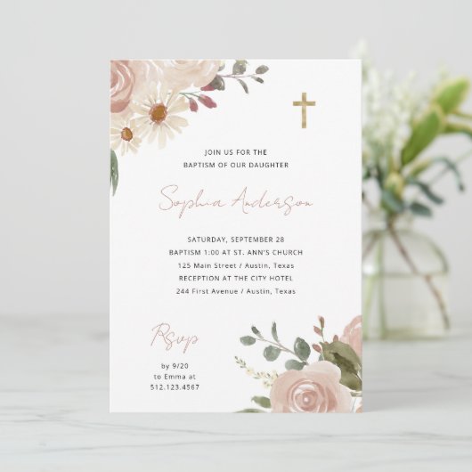 中性水かわいらし色フローラ Bohoバプテスマ| Boho Baptism 招待状 (スタンド正面)