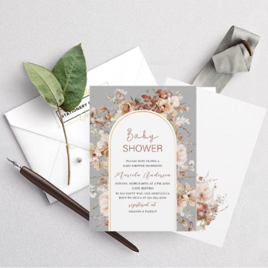 中性水エレガント色の花ベビーシャワー 招待状