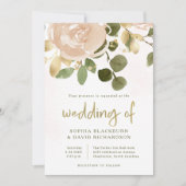 中性水色および金ゴールドフローラ | 結婚s 招待状 (正面)