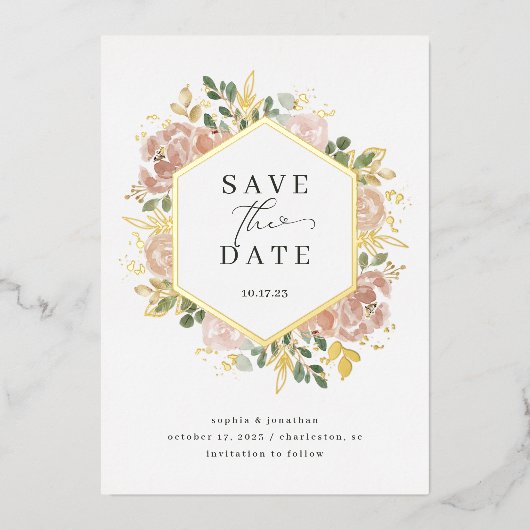 中性水色フローラ |日付金ゴールドの保存 箔招待状 (正面)
