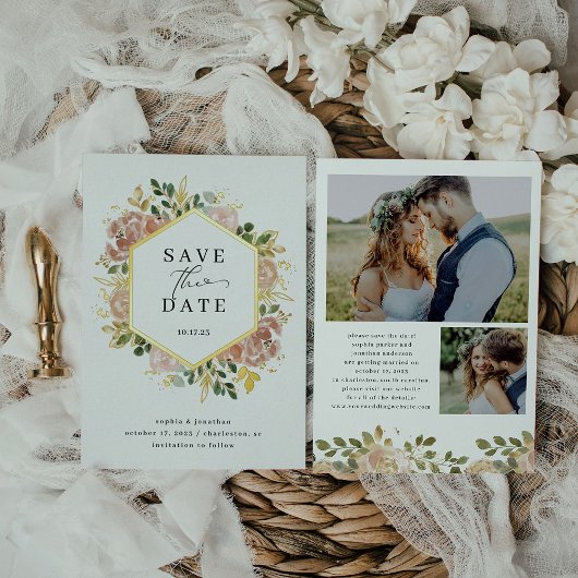 中性水色フローラ |日付金ゴールドの保存 箔招待状