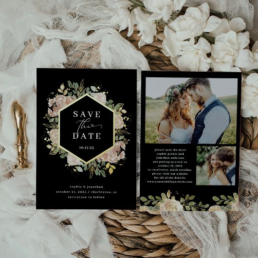 中性水色フローラ |日付金ゴールドの保存 箔招待状