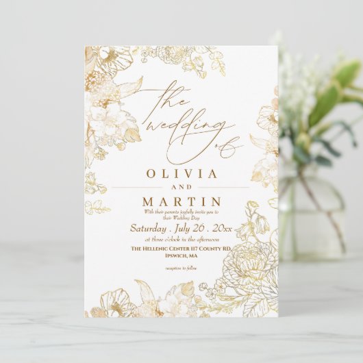 中性素朴フローラバラ金ゴールド結婚式招待状 招待状 (スタンド正面)