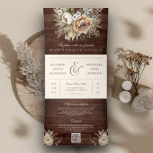 中性自然フローラクリームウッドQRコー結婚ド 三つ折り招待状
