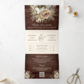 中性自然フローラクリームウッドQRコー結婚ド 三つ折り招待状 (内部)