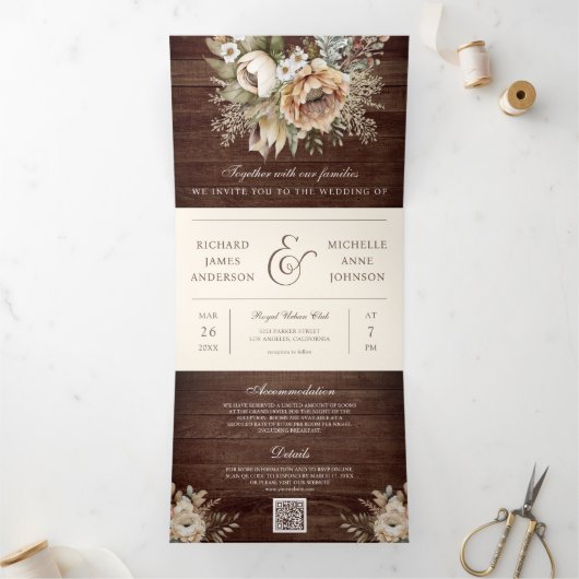 中性自然フローラクリームウッドQRコー結婚ド 三つ折り招待状 (内部)