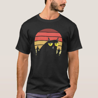 中指を立てる猫 レトロな夕日 中指を立てる猫 少年 Tシャツ