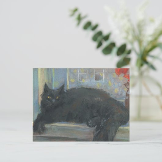 中断昼寝、黒猫の印象派絵画の ポストカード (スタンド正面)