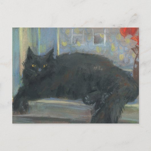 中断昼寝、黒猫の印象派絵画の ポストカード (正面)