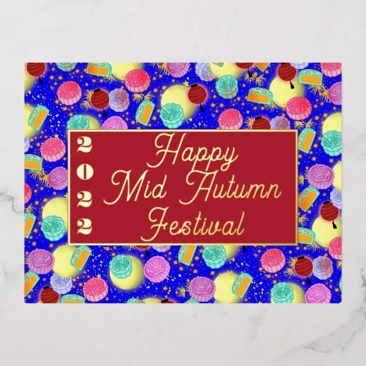 中秋のムーンケーキの青 箔シーズンポストカード (正面)