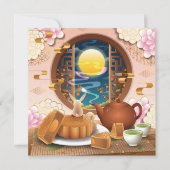 中秋フェスティバルうさぎ、ムーンケーキ、茶 招待状 (正面)