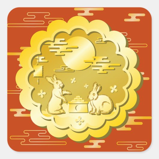 中秋フェスティバル金ゴールドムーンケーキムーンラビット スクエアシール (正面)