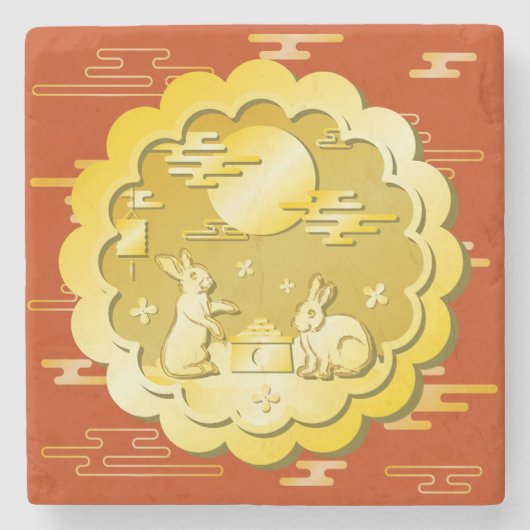 中秋フェスティバル金ゴールドムーンケーキムーンラビット ストーンコースター (正面)