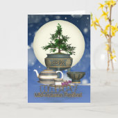 中秋中国の月フェスティバルのお茶と月 カード (黄色い花)