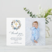 中立および青い花柄|の写真の洗礼 サンキューカード (スタンド正面)