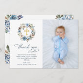 中立および青い花柄|の写真の洗礼 サンキューカード (正面/裏面)