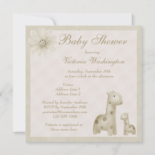 中立お母さん及びベビーのキリンのヴィンテージのベビーシャワー 招待状 (裏面)