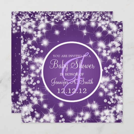 中立のベビーシャワーエレガント冬のスパークルパープル 招待状 (正面/裏面)