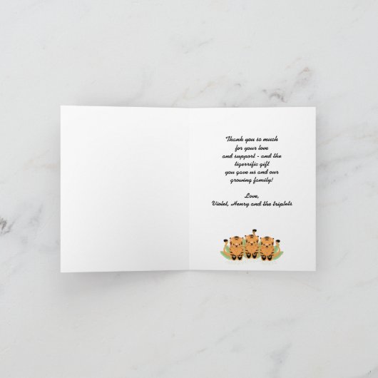 中立の虎三つ子の赤ちゃんシャワーありがとう サンキューカード (内部)