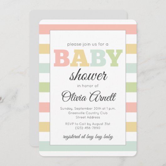 中立パステル調のカスタムなベビーシャワー招待状 招待状 (正面/裏面)