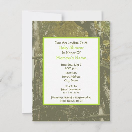 中立ベビーシャワー-緑キャリッジ及びカムフラージュ 招待状 (裏面)