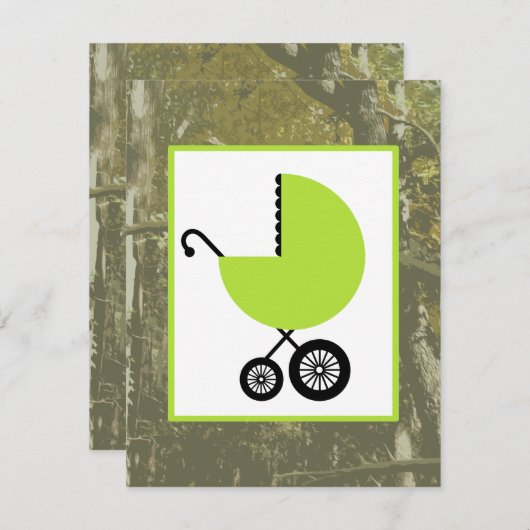 中立ベビーシャワー-緑キャリッジ及びカムフラージュ 招待状 (正面/裏面)