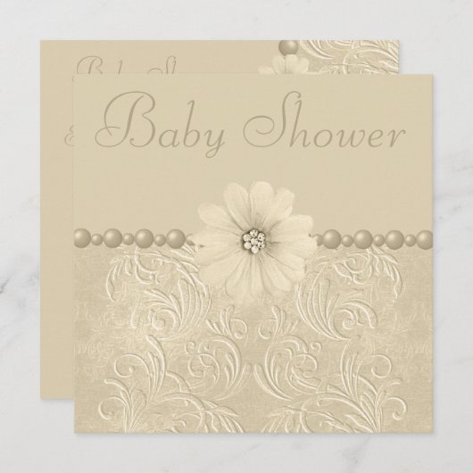 中立ヴィンテージのベビーシャワーのきらきら光るな花及び真珠 招待状 (正面/裏面)