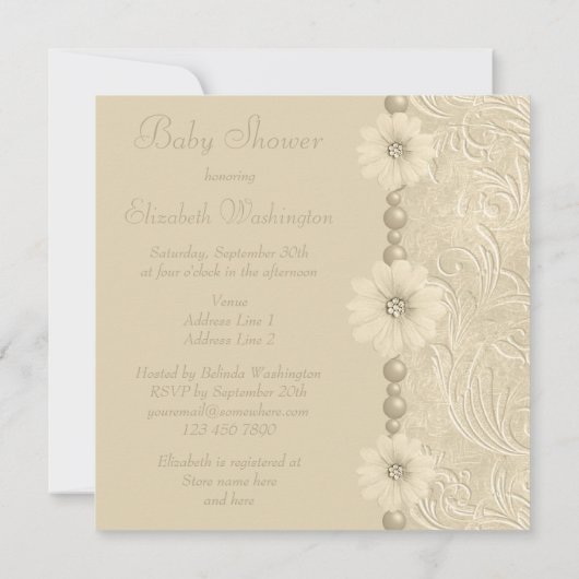 中立ヴィンテージのベビーシャワーのきらきら光るな花及び真珠 招待状 (裏面)