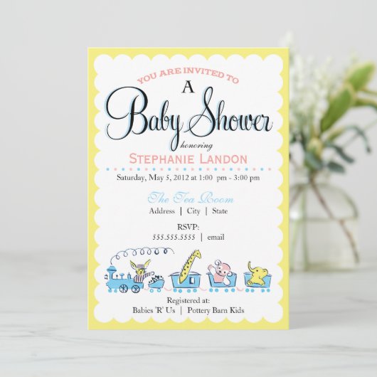 中立動物の列車|のレトロのベビーシャワー 招待状 (スタンド正面)