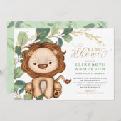 中立型ライオンソフトグリーンリー金ゴールドベビーシャワー 招待状 (正面/裏面)