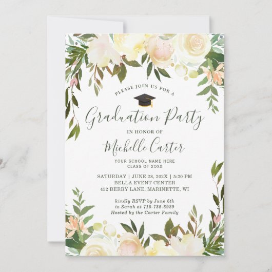 中立白人緑のフローラ卒業パーティー 招待状 (正面)