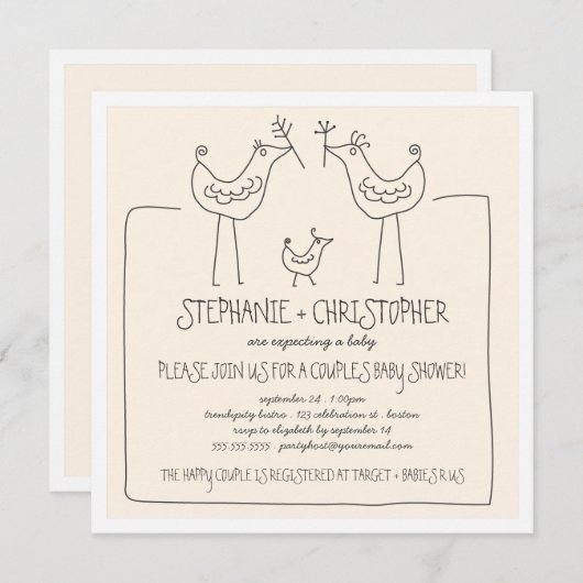 中立鳥のモダンな家族はベビーシャワーをつなぎます 招待状 (正面/裏面)