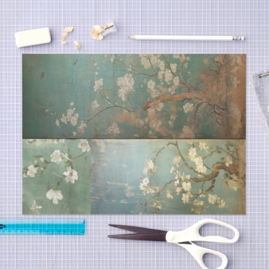 中華風の古緑とリンゴの花1 薄葉紙 (クラフト)