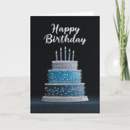 中身が白：青と銀の誕生日ケーキデザイン カード