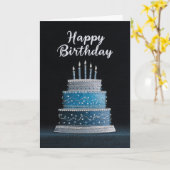 中身が白:青と銀の誕生日ケーキデザイン カード (黄色い花)