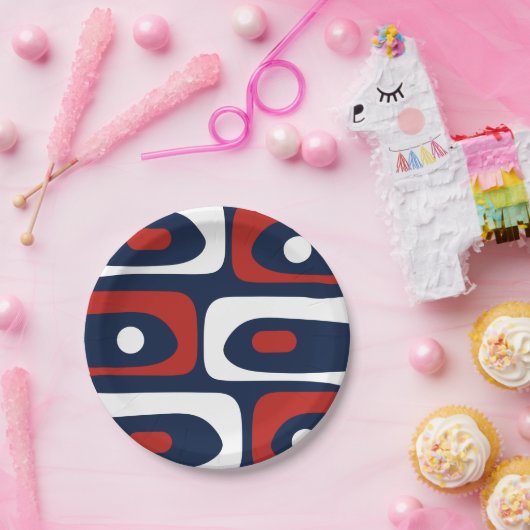 中間モダン寄木模様赤い白と青 ペーパープレート (パーティー)