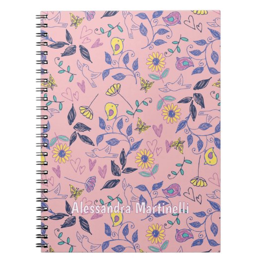 串に刺すような花ハート鳥つる植物ピンク ノートブック (正面)