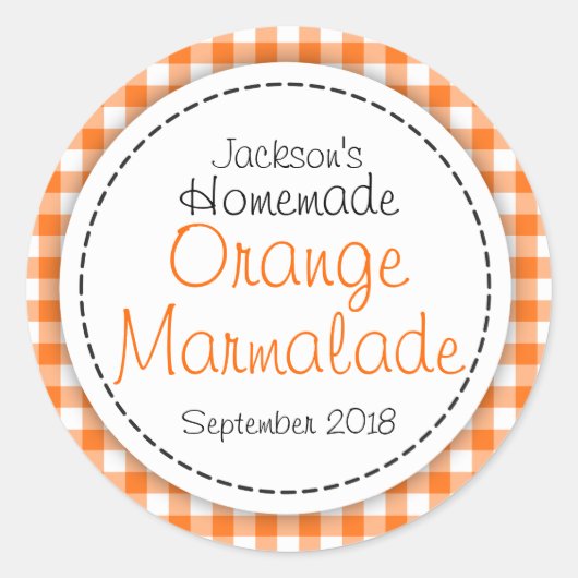 丸いオレンジ色のマーマレードのジャム瓶の食品ラベル ラウンドシール (正面)