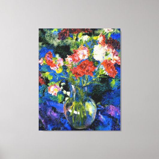 丸いガラスの花瓶のカーネーション キャンバスプリント (正面)