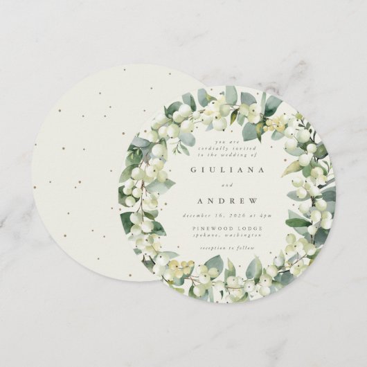 丸いクリーム色のスノーベリー+ユーカリのリースの冬の結婚式の招待状 招待状 (正面/裏面)