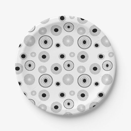 丸いスターバーストパターン - 黒と白 ペーパープレート (正面)