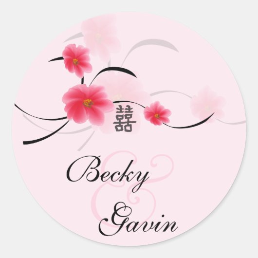 丸いステッカーピンクの花の二重の幸せ ラウンドシール (正面)