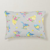 丸いピローウォーターの色の鳥と花シームレス アクセントクッション (正面)