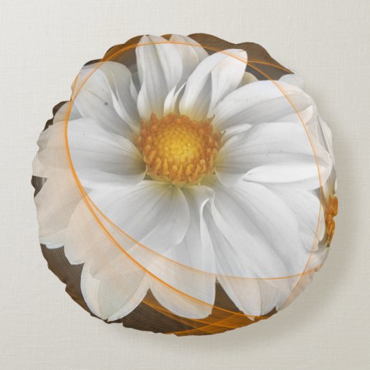 丸いピローフラワーホワイトブラックオレンジ ラウンドクッション (正面)