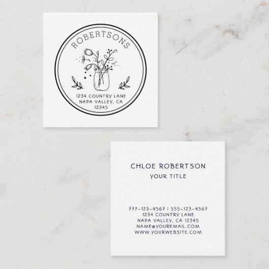 丸いロゴのメーソンの瓶の花 スクエア名刺 (正面/裏面)