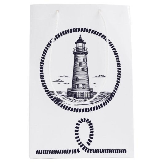 丸いロープフレームの海の灯台 ミディアムペーパーバッグ (正面)