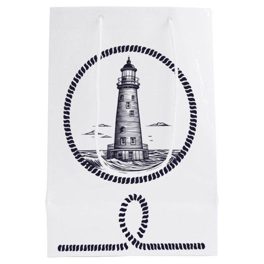 丸いロープフレームの海の灯台 ミディアムペーパーバッグ (裏面)