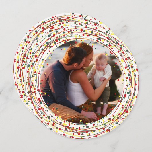 丸い円レッドグリーンイエロー絵を描写真ハッピー シーズンカード (正面/裏面)