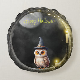 丸い塔の窓辺に佇むハロウィンのフクロウ ラウンドクッション