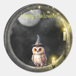 丸い塔の窓辺に佇むハロウィンのフクロウ ラウンドシール